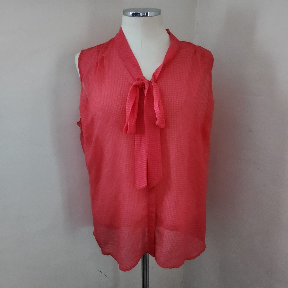 Apostrophe Womens XL Coral Pink Tie Neck Sleeveless Blouse Micro Check‎ Textured